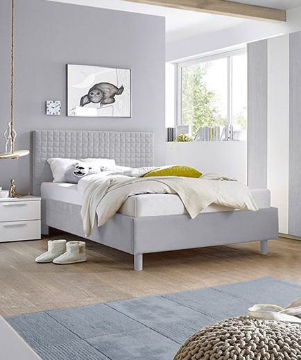 Letto Square grigio in tessuto imbottito una piazza e mezza, testiera riquadrata