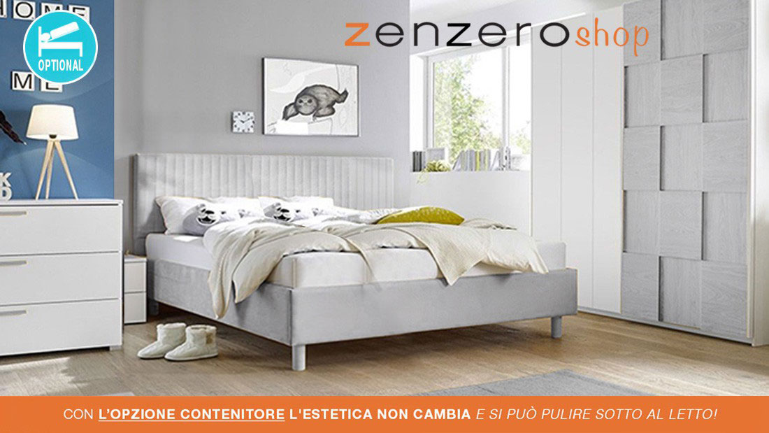 Letto matrimoniale Vertigo in tessuto grigio imbottito, testiera a righe con contenitore