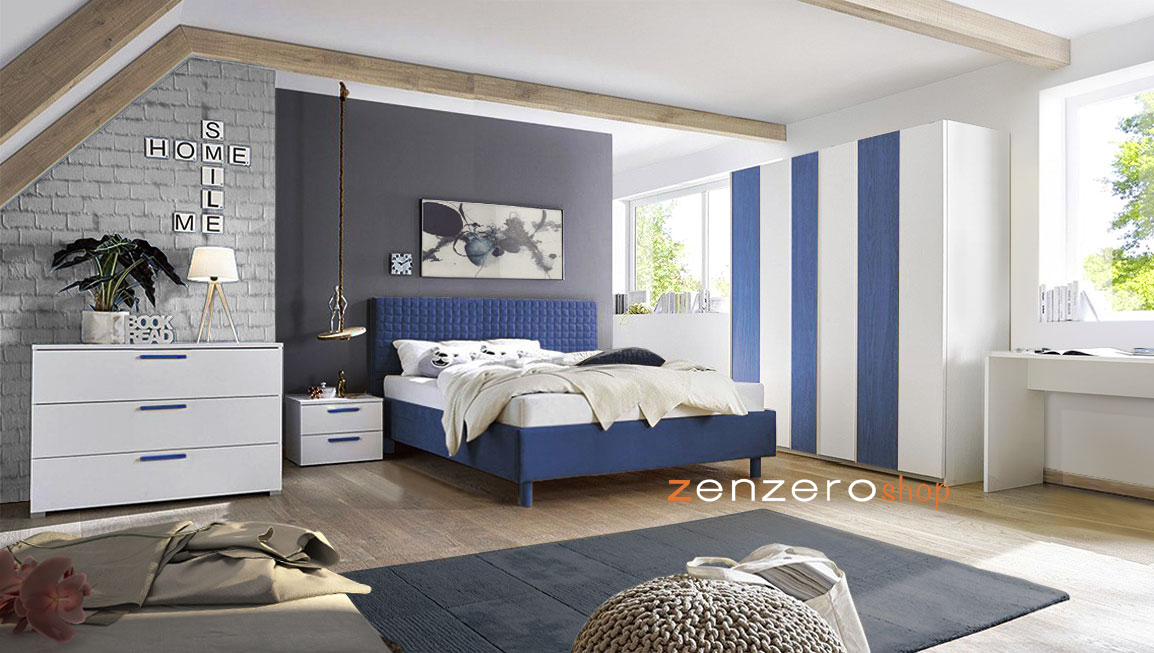 Camera matrimoniale completa, letto imbottito, armadio vertigo scorrevole, Blu