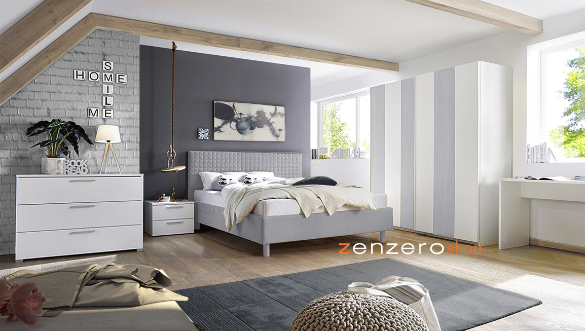 Letto a cassettone matrimoniale Square in tessuto grigio imbottito, testiera riquadrata