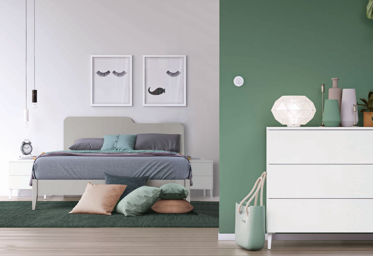 Letto matrimoniale Folder con testata in legno, finitura Grigio Dorian