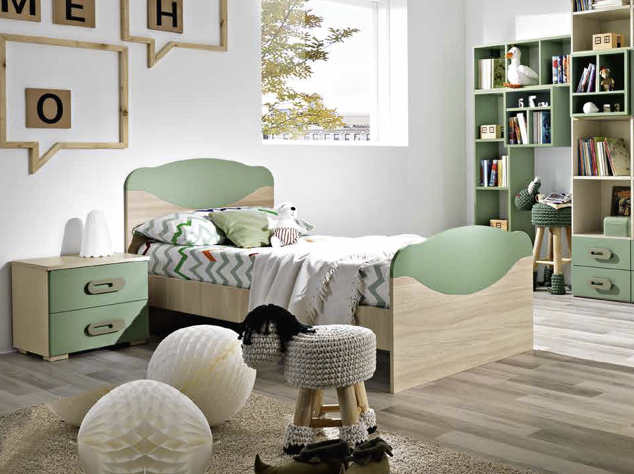 Letto singolo Marica per camerette, finitura Olmo e Verde Papua