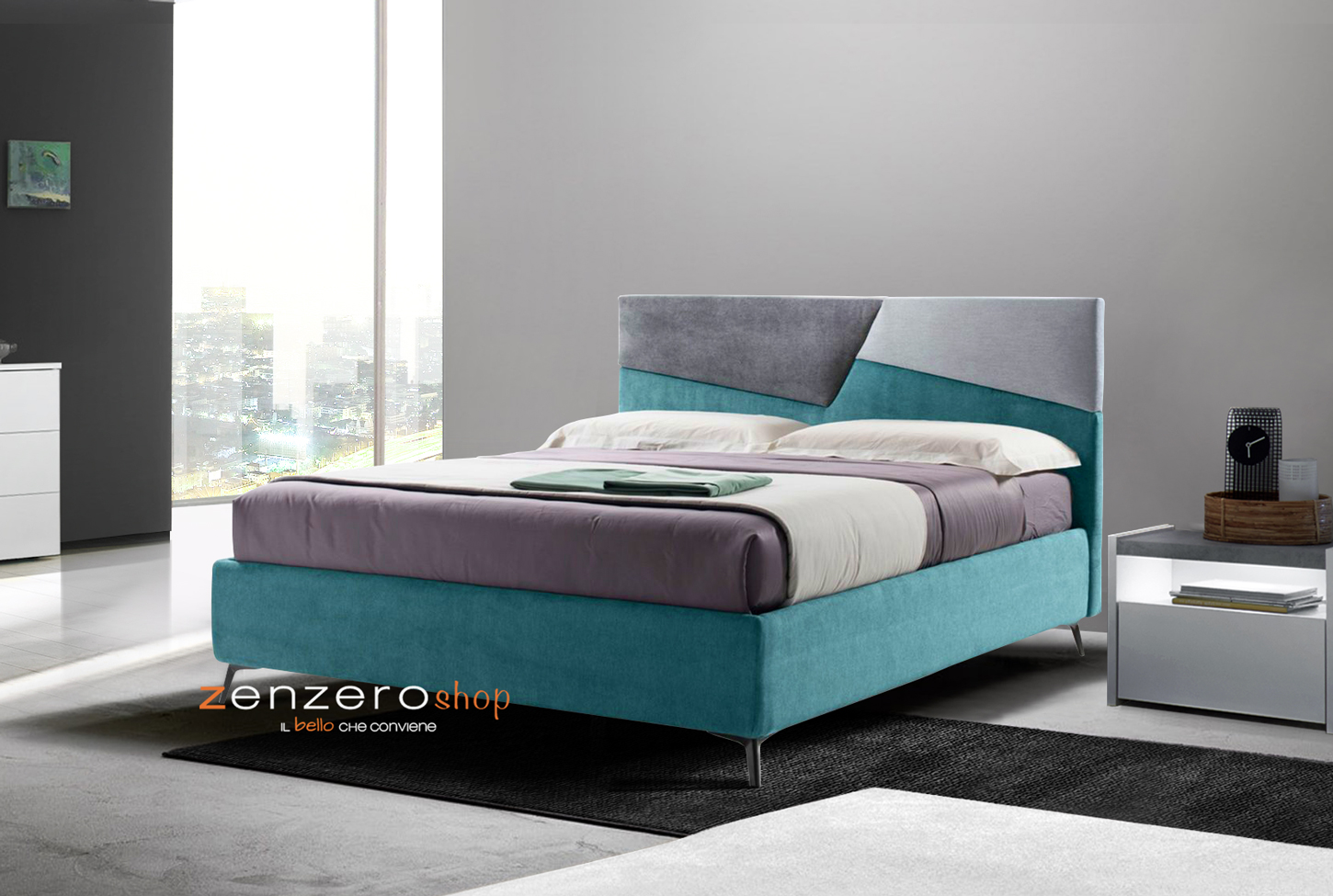 Elegante Letto contenitore Fenice in finitura grigio seta, grigio perla e verde oceano