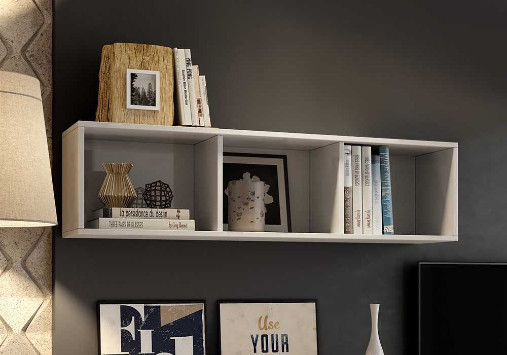 Soggiorno Zenzero, parete attrezzata con pensili olmo e pensili bianchi