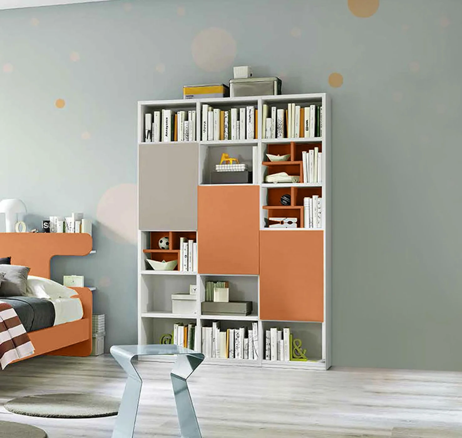 Libreria camerette con 3 ante, Bianco frassino, Tortora e Terracotta