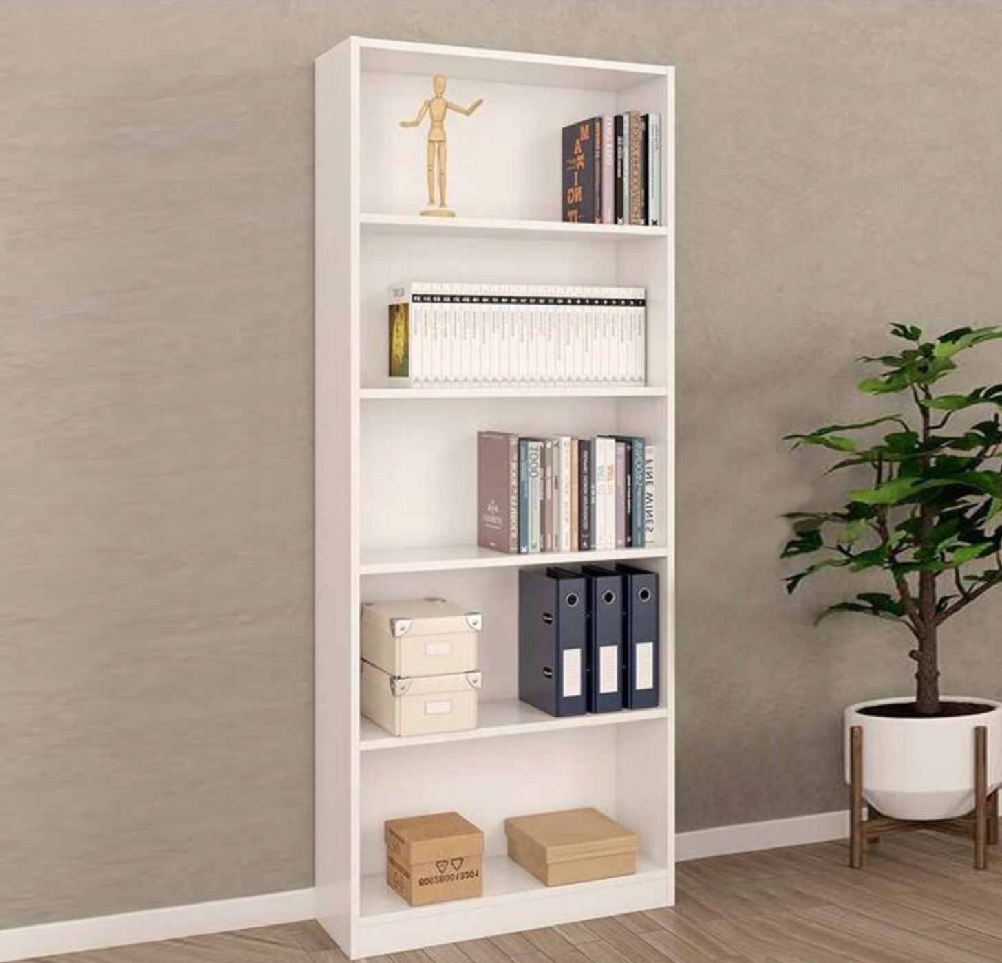 Libreria alta moderna, 4 ripiani, finitura bianco artik