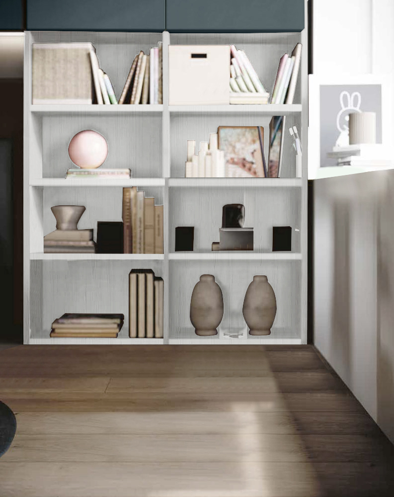 Armadio a ponte con libreria, finitura Petrolio, Bianco e Bianco altea