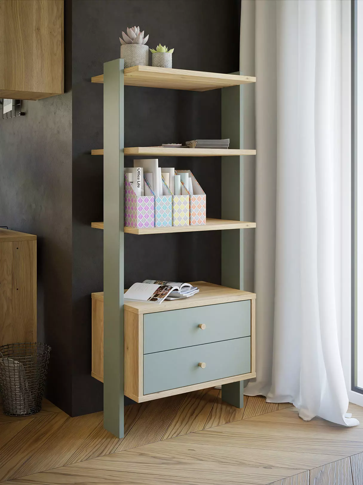 libreria con cassetti