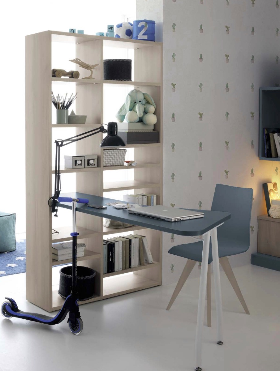 Libreria con scrivania integrata, finitura Ciliegio bianco e Blu opale