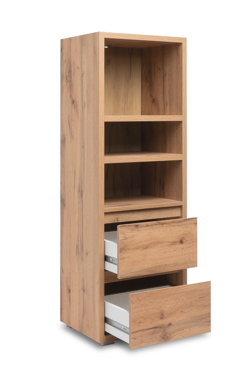 Moderna Libreria salvaspazio con 2 cassetti, finitura Rovere