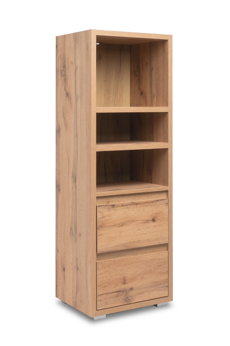 Moderna Libreria salvaspazio con 2 cassetti, finitura Rovere