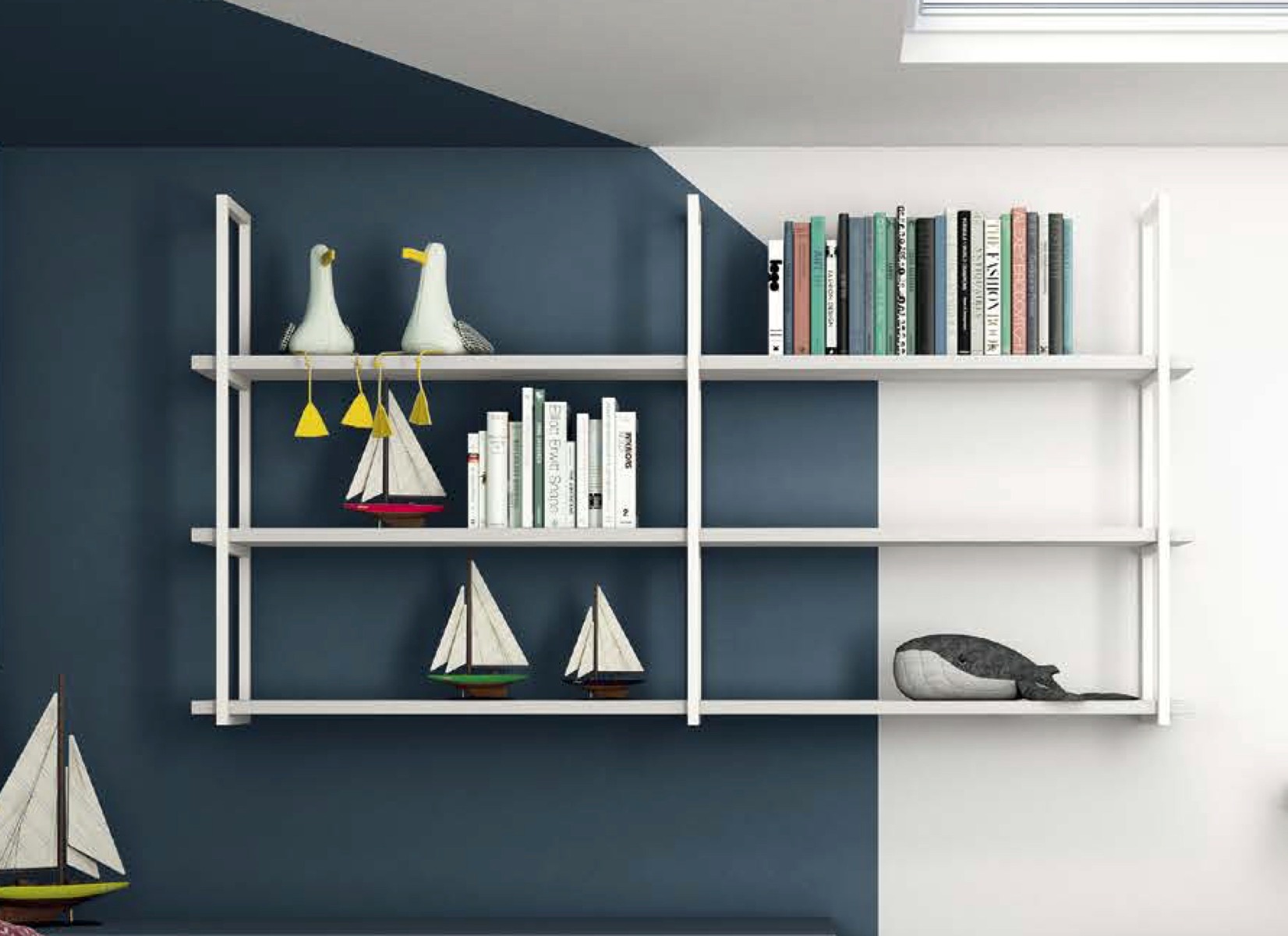 Libreria industry sospesa, finitura Rovere white e Bianco