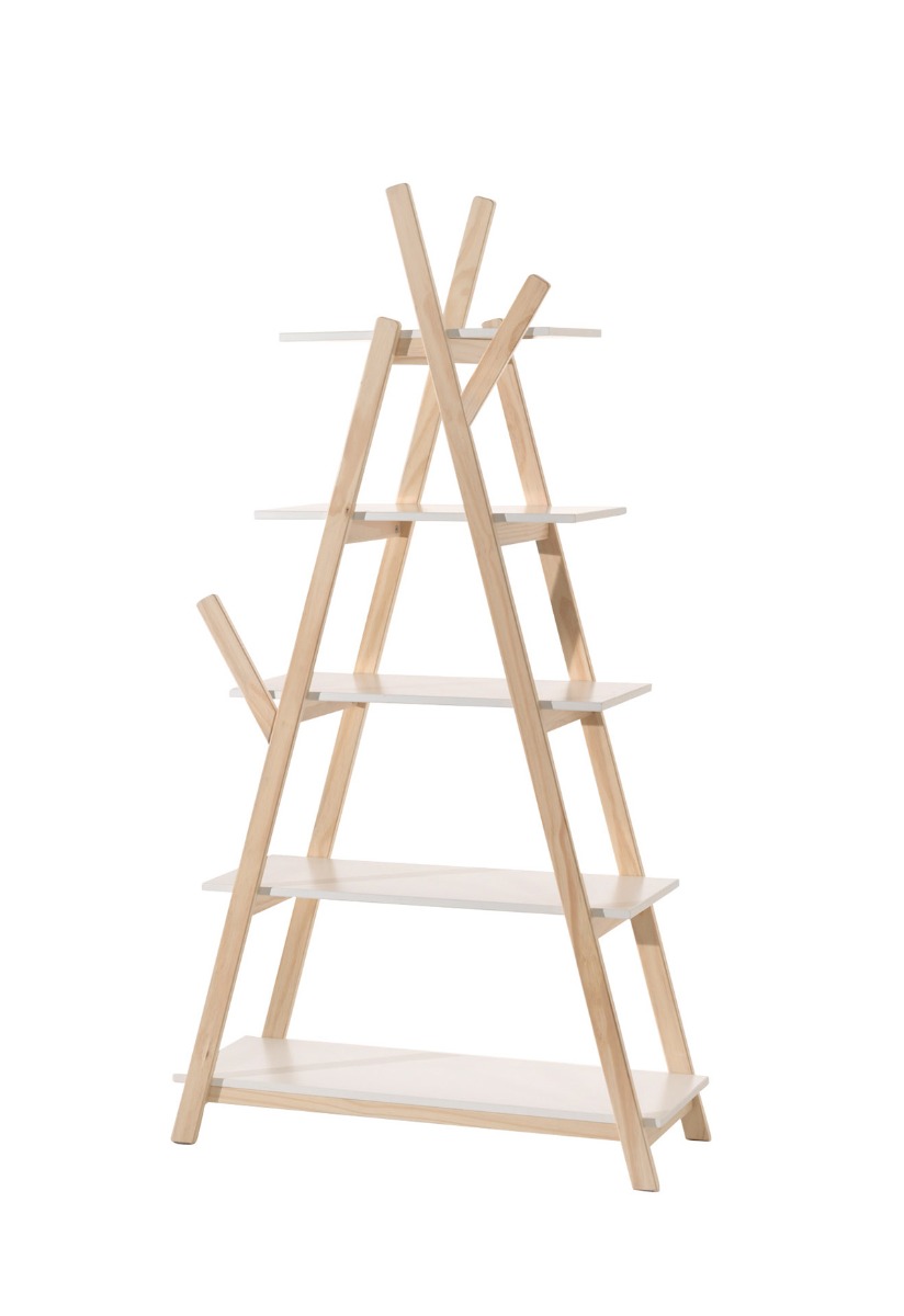 Libreria in stile nordico, finitura Bianco e Pino massello