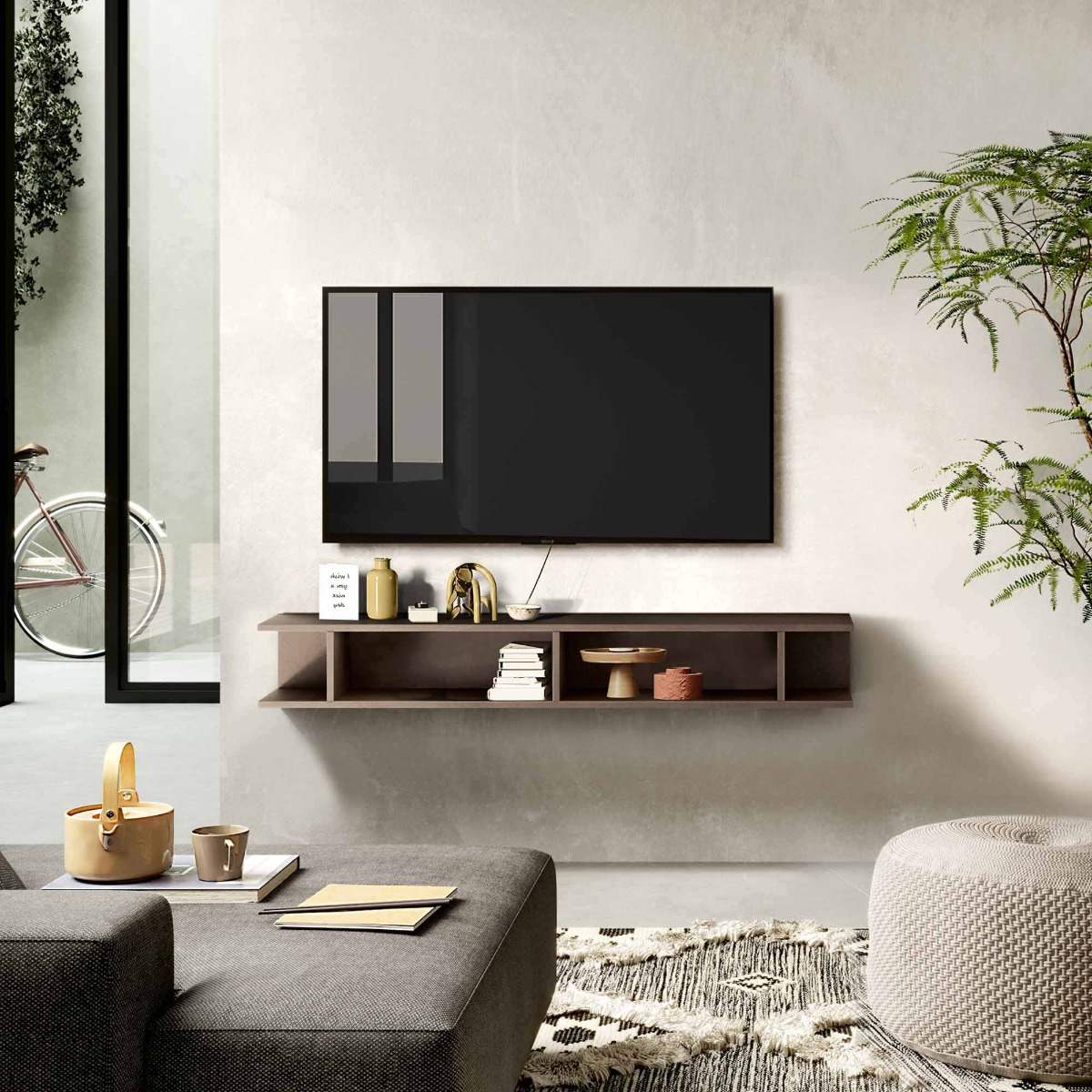 libreria porta tv sospesa, finitura bronzo