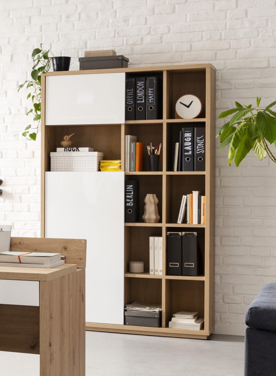 Libreria moderna da ufficio 2 ante,finitura Rovere e Bianco laccato