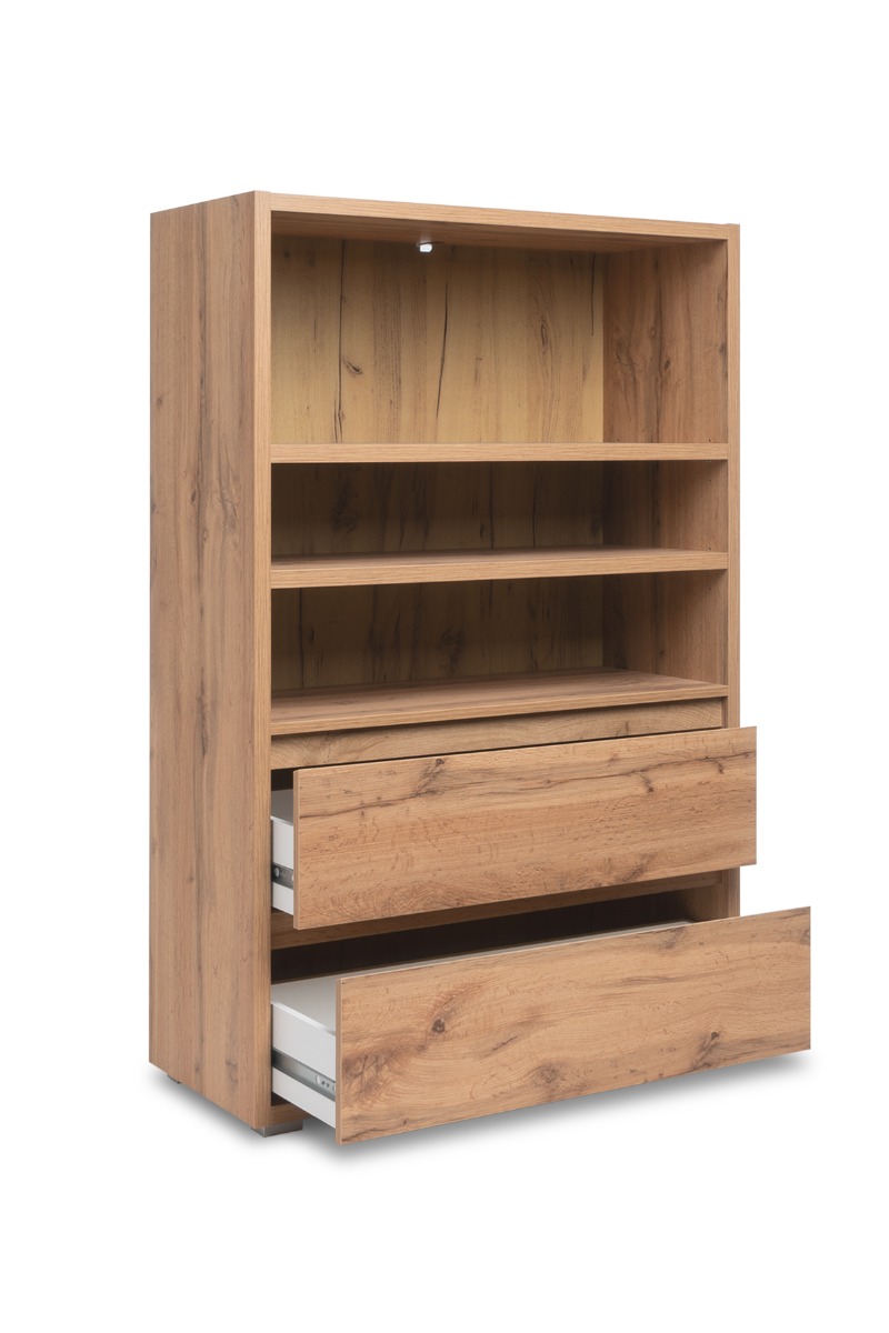 Spaziosa Libreria con 2 ripiani e 2 cassetti, finitura Rovere