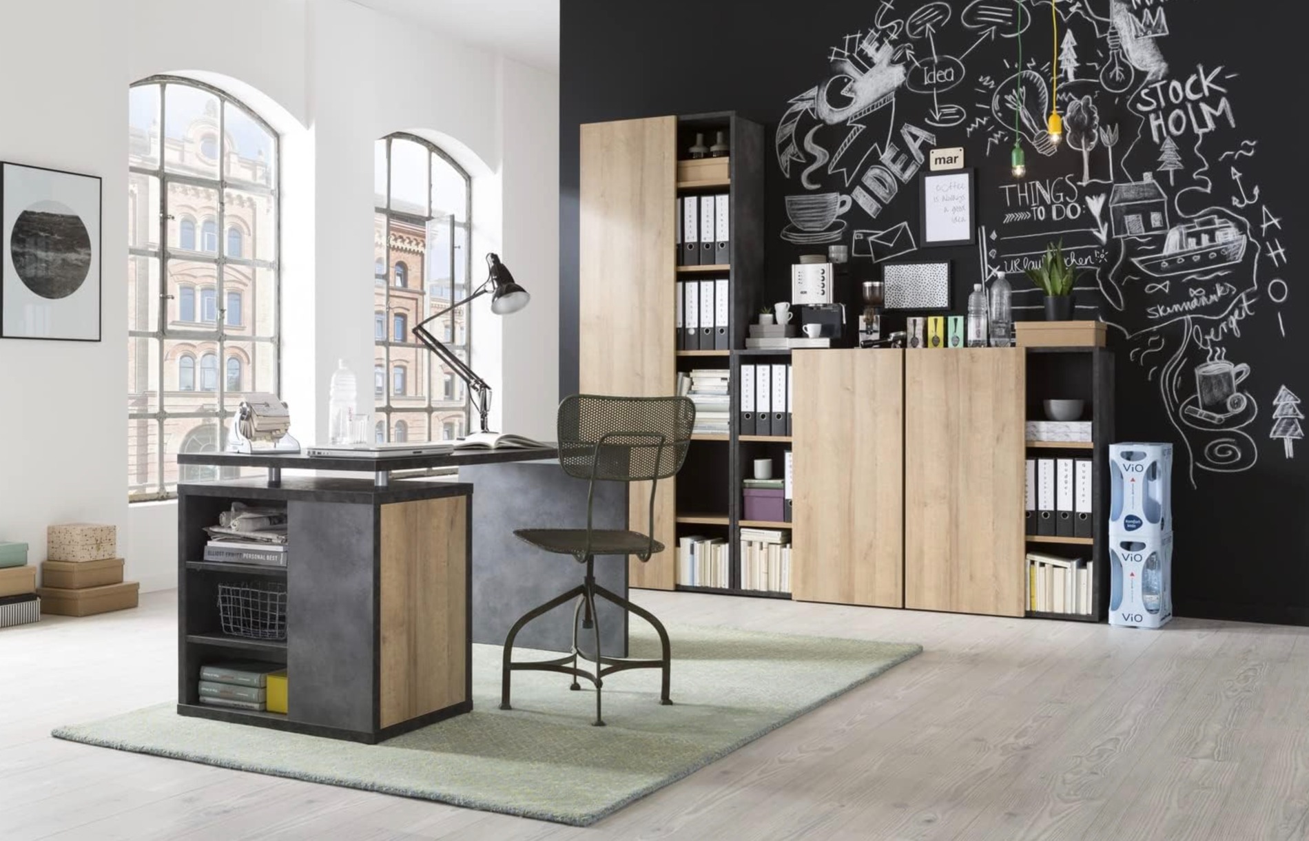 Libreria Point con 1 anta e 5 ripiani in finitura ossido e rovere