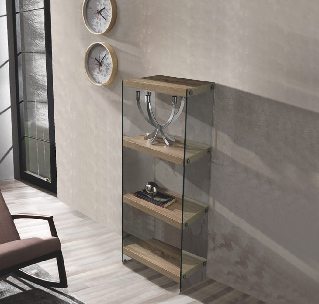 Libreria stile urban 4 ripiani e fianchi in vetro, finitura Rovere