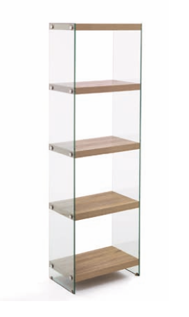 Libreria stile urban 5 ripiani e fianchi in vetro, finitura Rovere