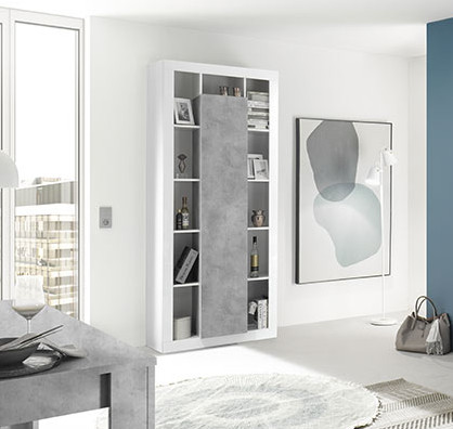 Colonna a 1 anta moderna, Bianco lucido e Cemento, Made in Italy