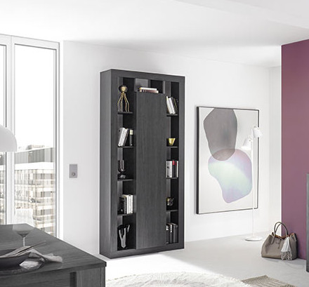 Libreria dispensa, colonna a 1 anta moderna, finitura Nero frassinato