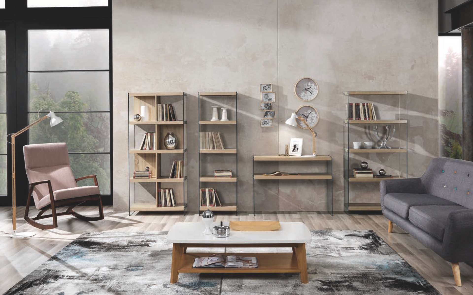 Libreria stile urban 5 ripiani e fianchi in vetro, finitura Rovere