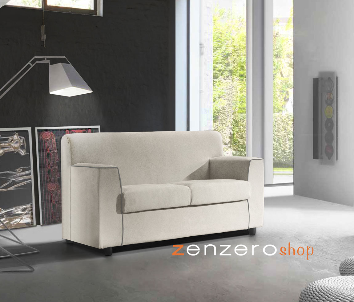 Divano letto Lionel a 2 posti, in tessuto sfoderabile Burro e bordino Grigio chiaro