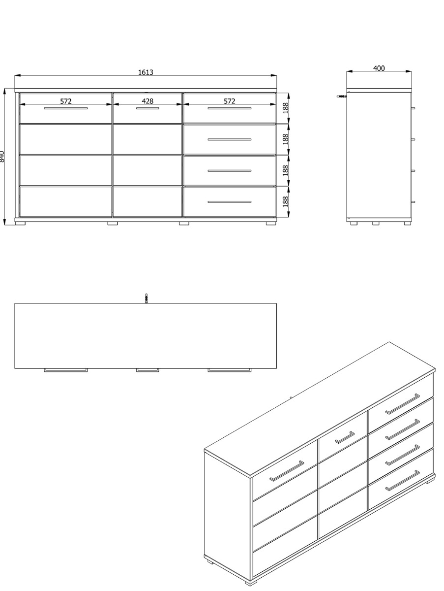 Credenza moderna 4 cassetti e 2 ante, Grigio grafite e Rovere