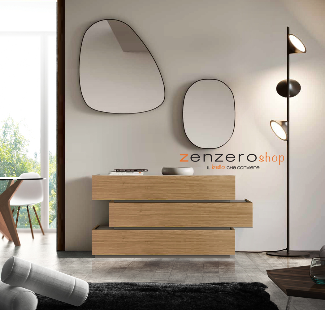 Comò Palawan con cassetti sfalsati in finitura Grigio seta e Noce biondo