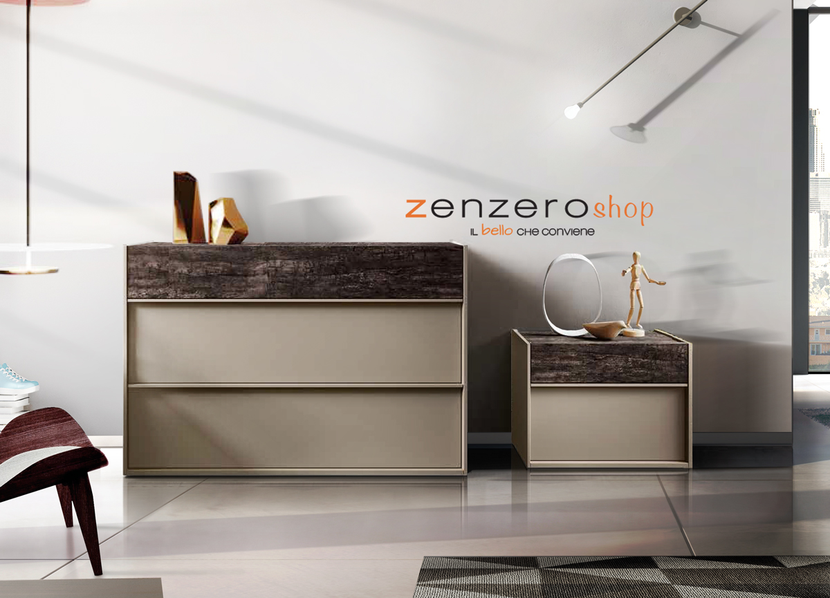 Set Bali con comò e coppia di comodini in finitura  Visone e Legno bruciato