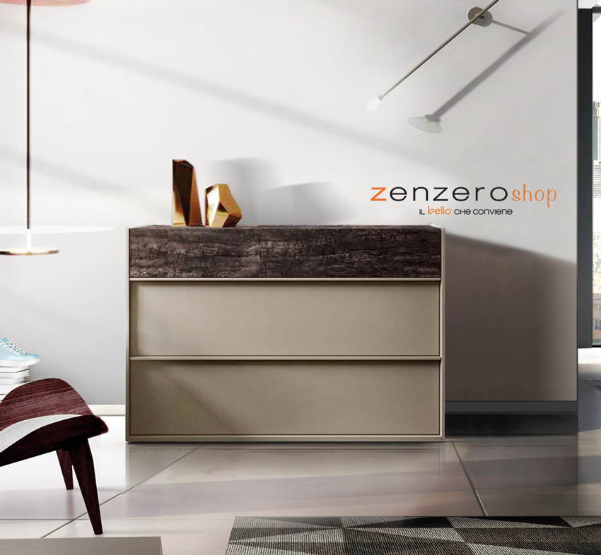 Set Bali con comò e coppia di comodini in finitura  Visone e Legno bruciato