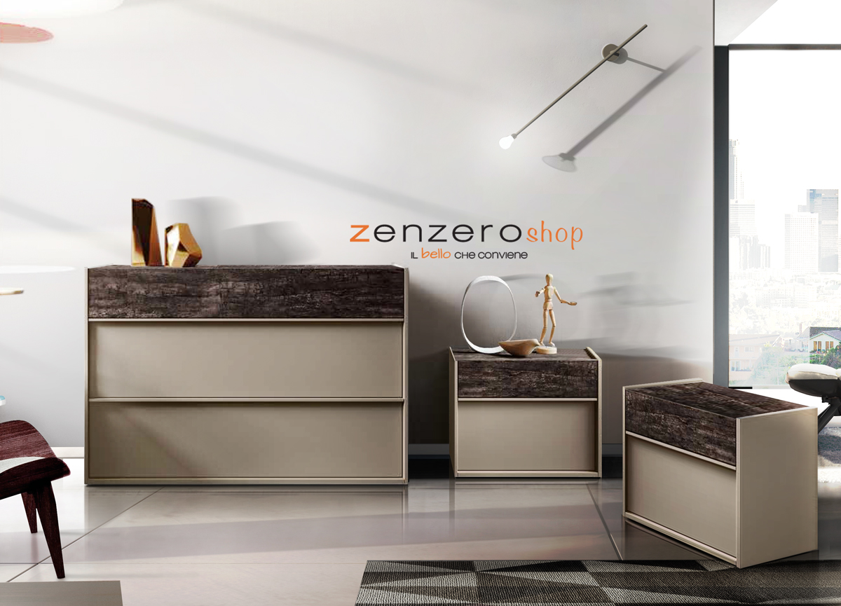 Set Bali con comò e coppia di comodini in finitura  Visone e Legno bruciato