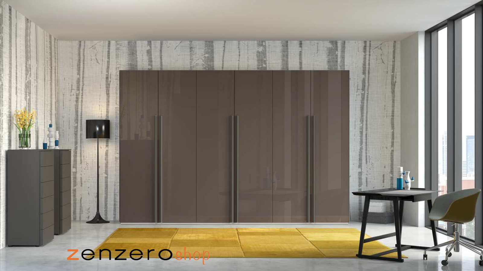 Armadio moderno a 6 ante battenti, finitura grigio cenere lucido