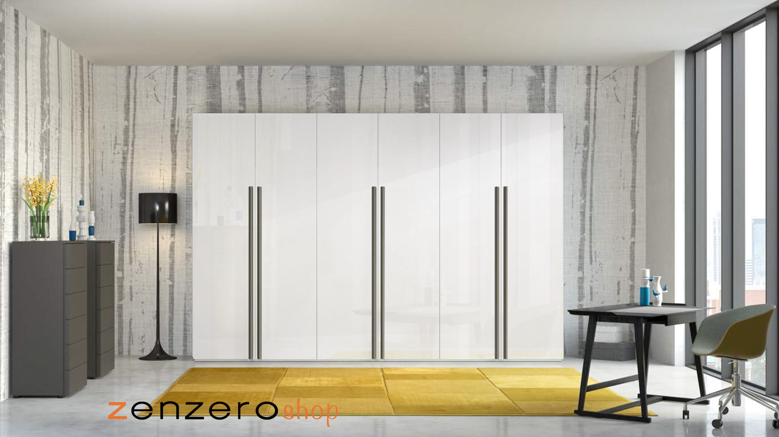 Armadio moderno a 6 ante battenti, finitura bianco lucido