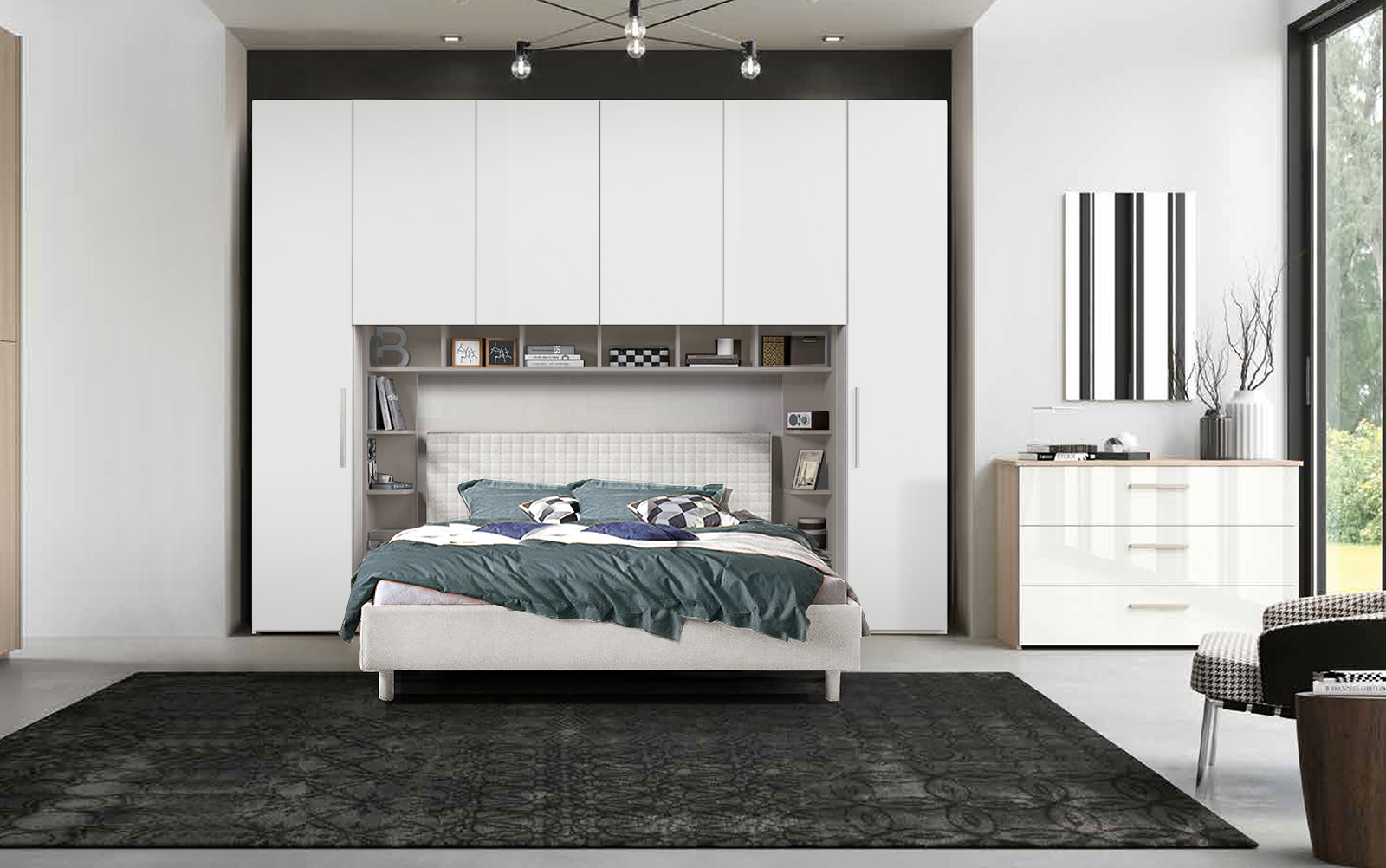 Armadio a ponte moderno con 6 ante battenti, finitura bianco nobilitato