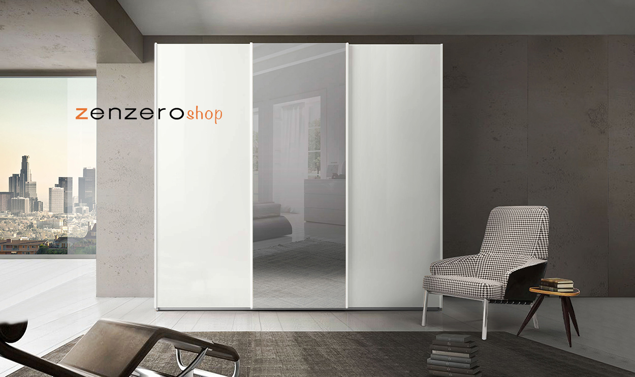 Armadio scorrevole Bianco laccato lucido con specchio centrale