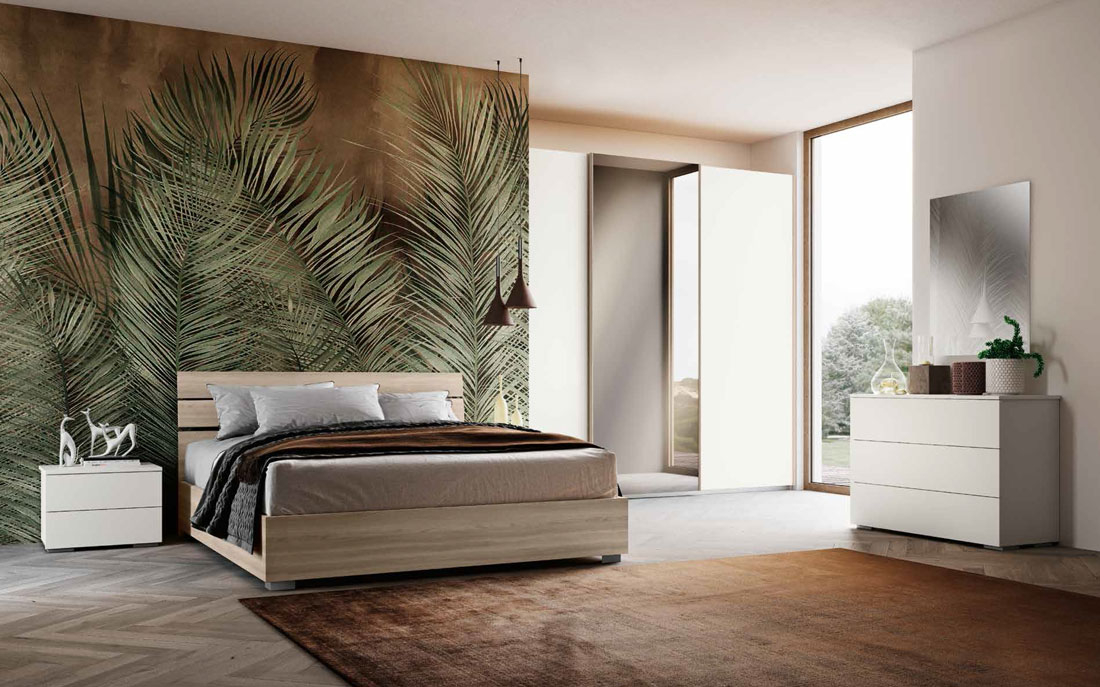 Camera matrimoniale Zefiro completa, finitura Olmo Natura e Bianco Nobilitato