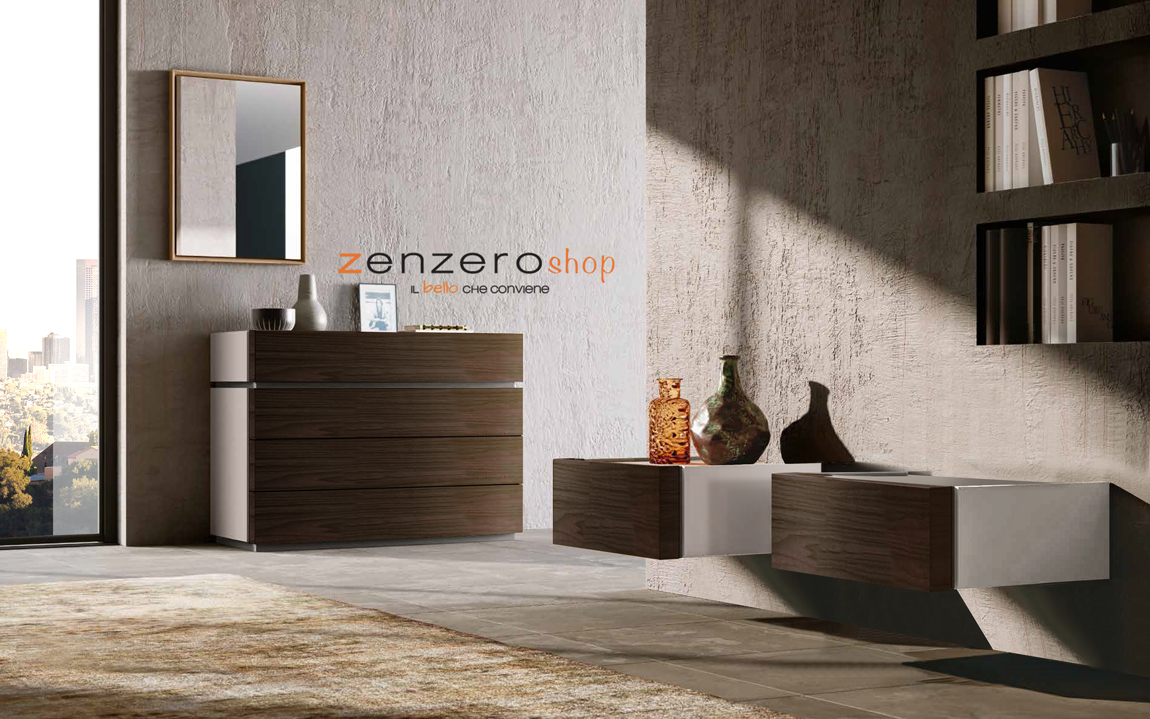 Set Palawan composto da comò e coppia di comodini  in finitura Grigio seta e Noce moro