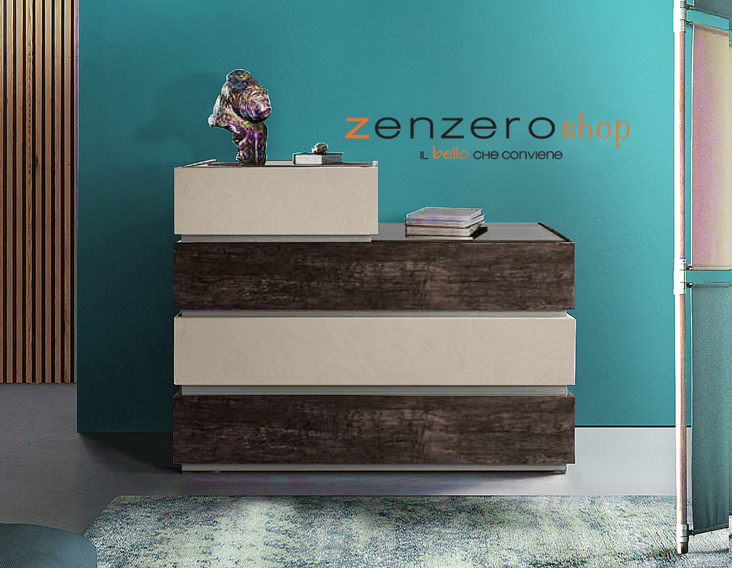 Comò Bahamas con 4 cassetti in finitura Argilla e Legno bruciato