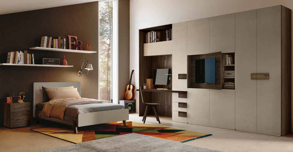 Camera ragazzi completa in Noce moro e spatolato Argilla