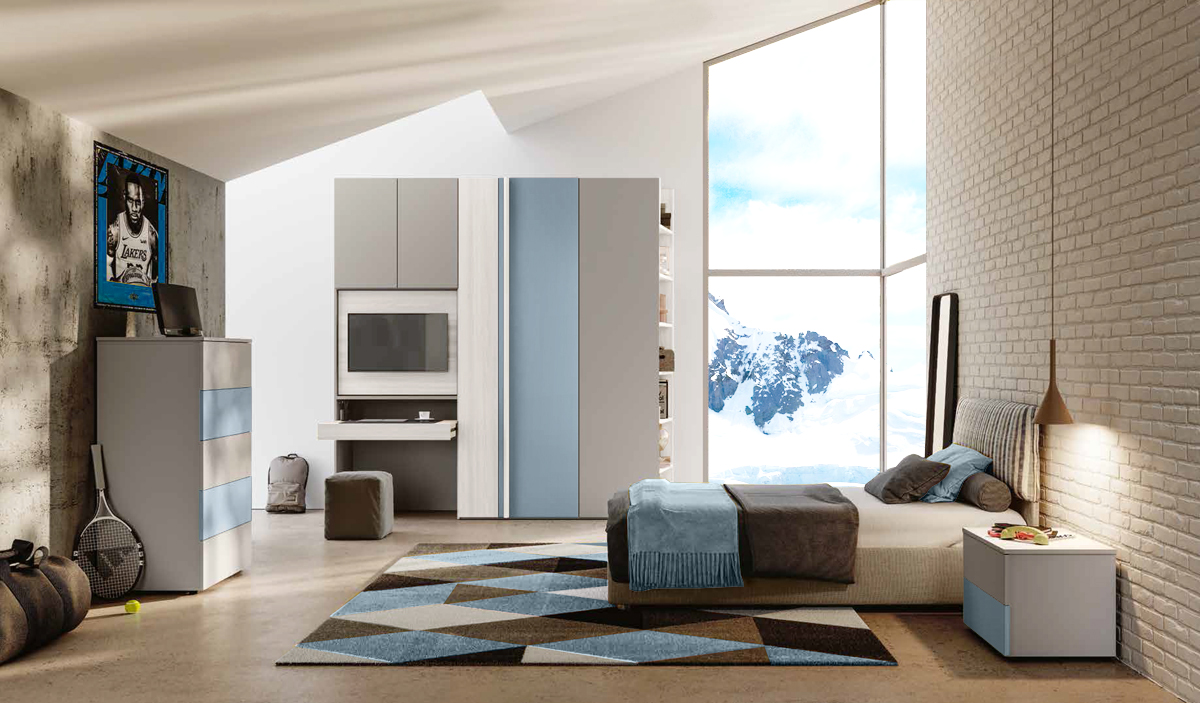 Camera per ragazzi con letto 1 piazza e mezza, Bianco altea, Carta da zucchero e Grigio seta