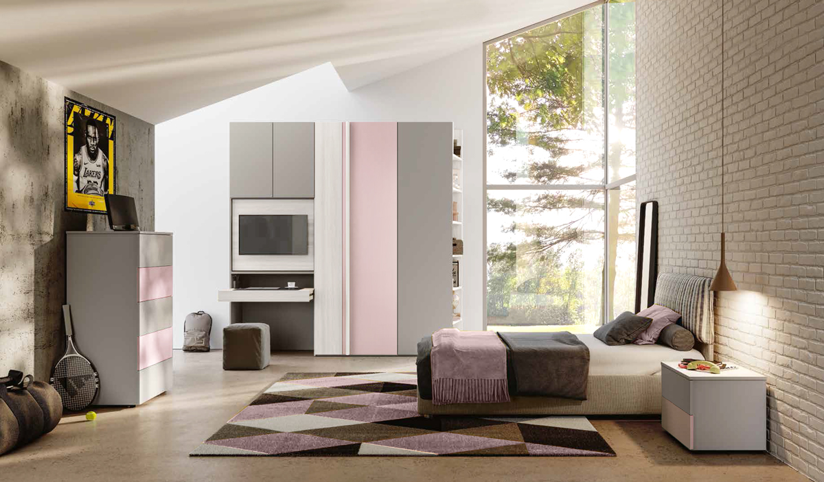 Cameretta ragazze con letto 1 piazza e mezza, Bianco altea, Rosa confetto e Grigio seta