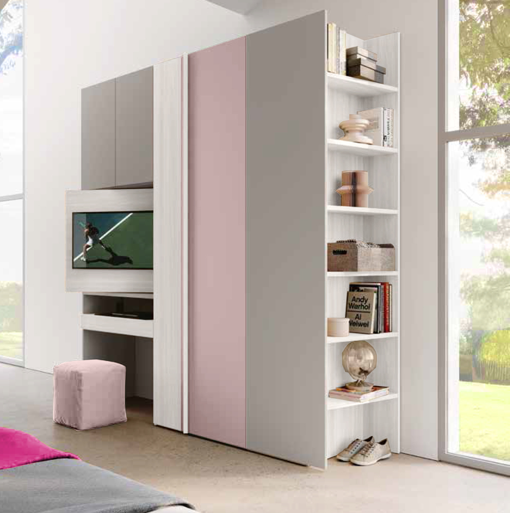 Armadio con scrivania estraibile e vano tv, 5 ante Bianco altea, Rosa confetto e Grigio seta