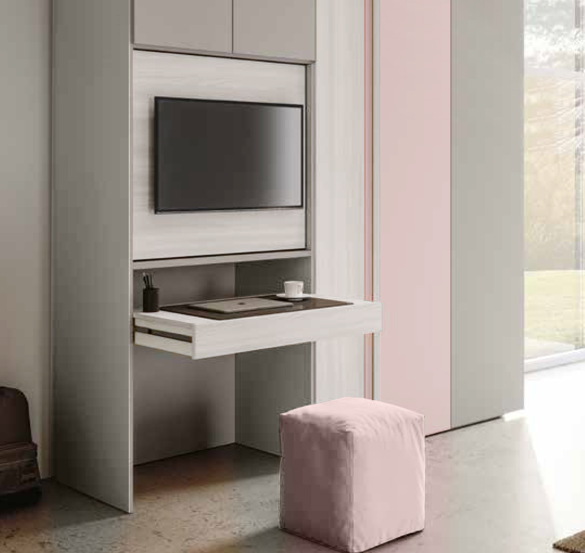Armadio con scrivania estraibile e vano tv, 5 ante Bianco altea, Rosa confetto e Grigio seta