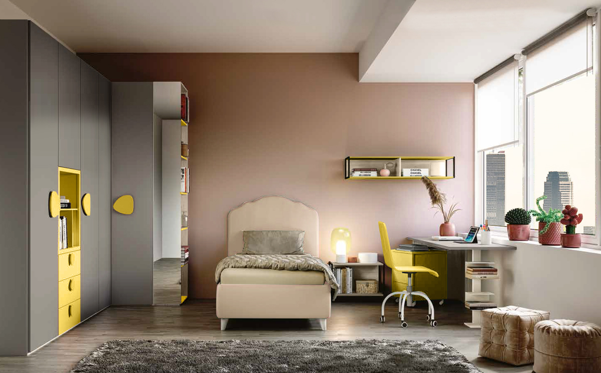 Armadio angolare 5 ante battenti per camerette, finitura Grigio cenere e Giallo cedro