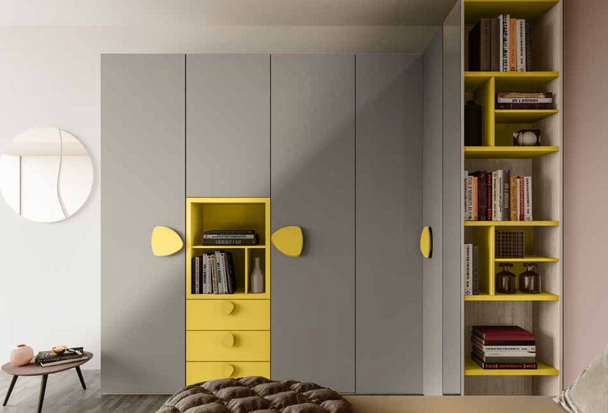 Armadio angolare 5 ante battenti per camerette, finitura Grigio cenere e Giallo cedro
