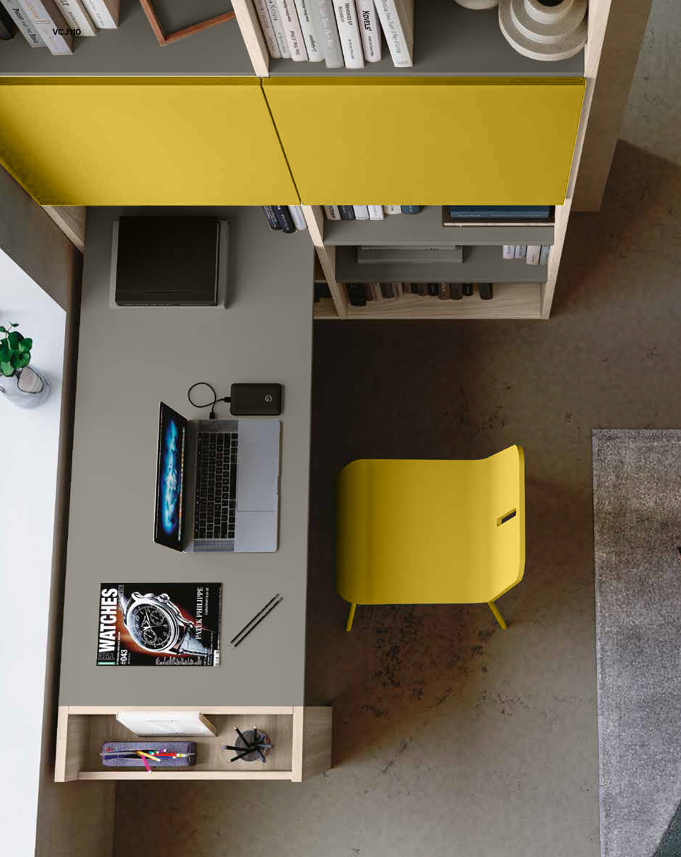 Zona studio per camerette, finitura Grigio cenere, Olmo e Giallo cedro