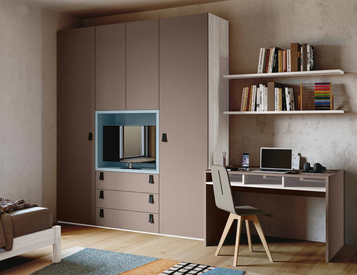 Cameretta con libreria, armadio e letto in Bronzo, Bianco altea e Carta da Zucchero