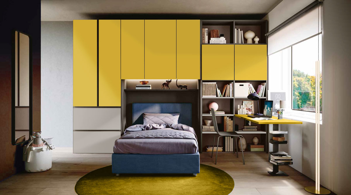 Cameretta a ponte con libreria, finitura Grigio seta, Giallo cedro e Bronzo