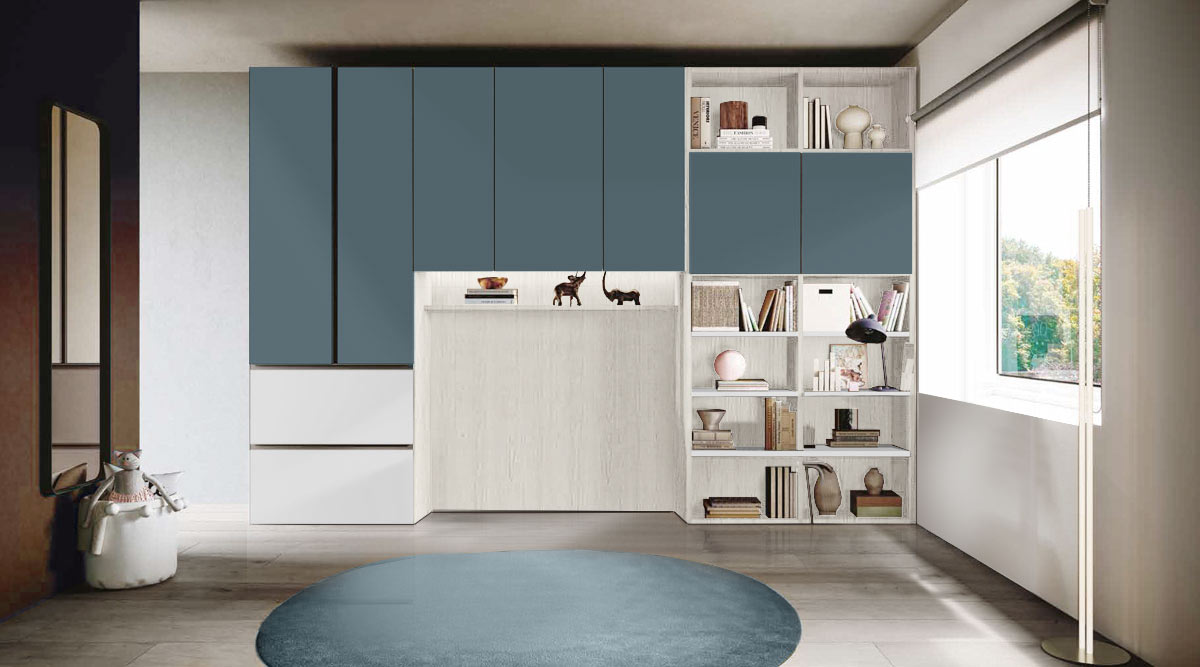 Armadio a ponte con libreria, finitura Petrolio, Bianco e Bianco altea